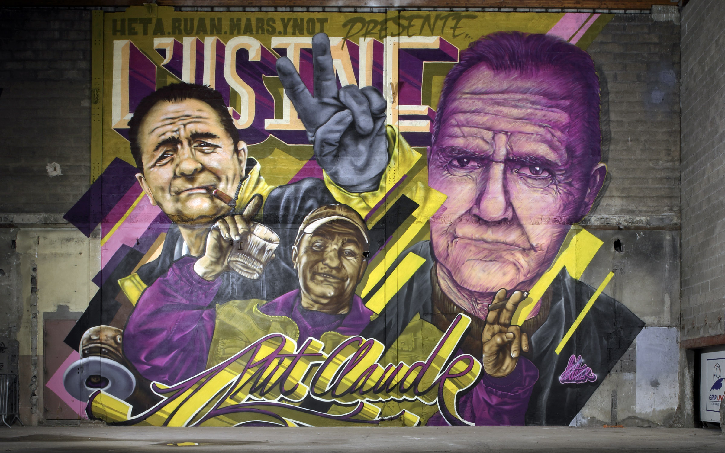 Heta, Ruan, Mars, Ynot font une dédicace à Claude de l'Usine Mur commun de Heta, Ruan, Mars, Ynot au Peinture Fraiche Festival de Villeurbanne en 2026 en dédicace à Claude de l'Usine